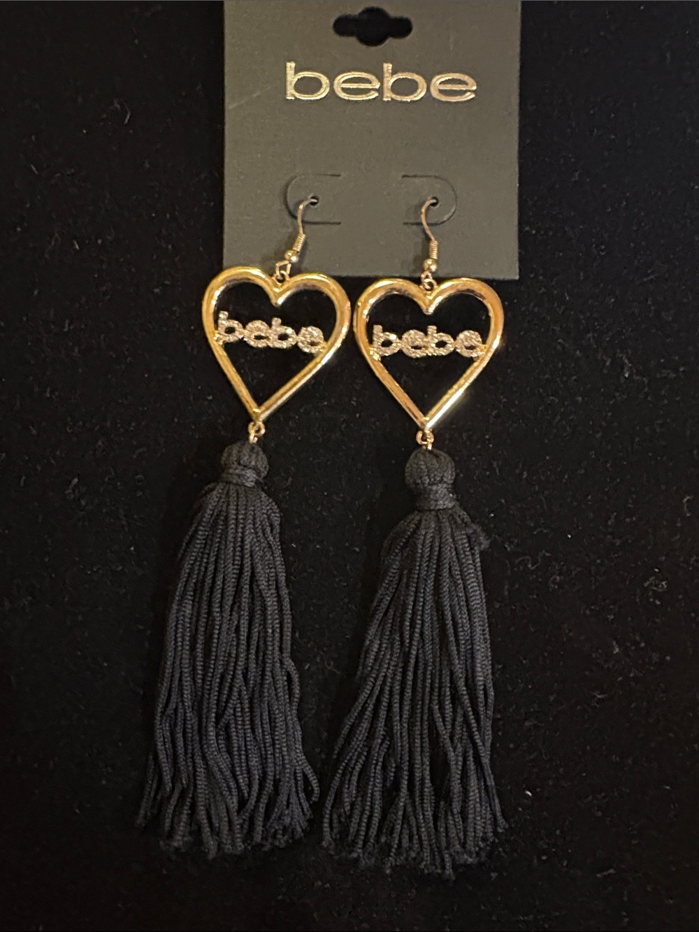 bebe Gold Heart Logo Tassel Earrings with Black Tassels